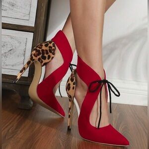 Leopard Pattern Lace Up Front Point Toe Stiletto Heeled Pumps